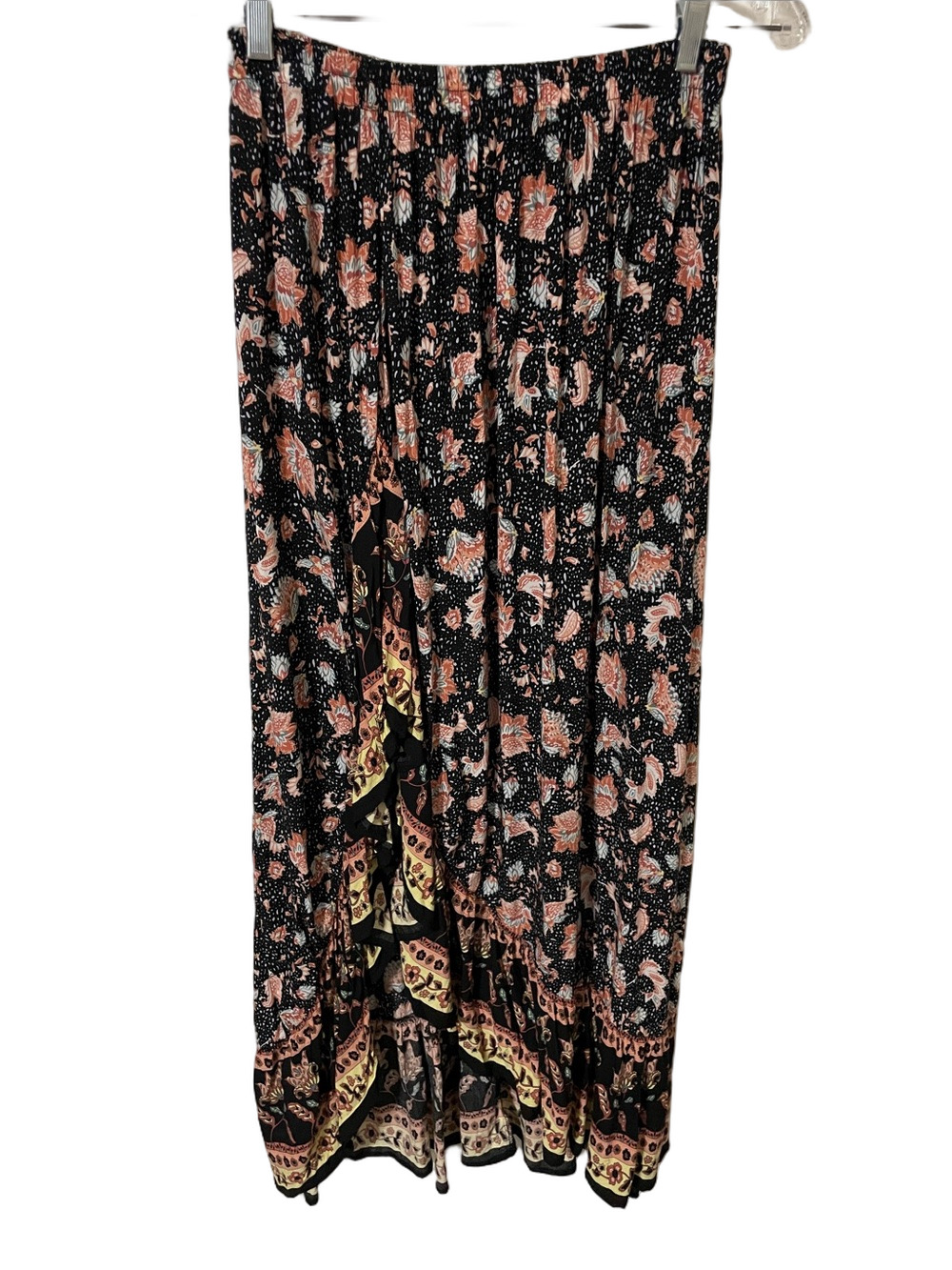 Rusttydustty Boho Tiered Maxi Skirt in Black and Peach Size Medium